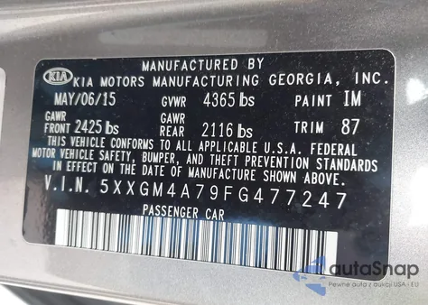 2015 Kia Optima Lx z USA, uszkodzony, nr VIN 5XXGM4A79FG477247